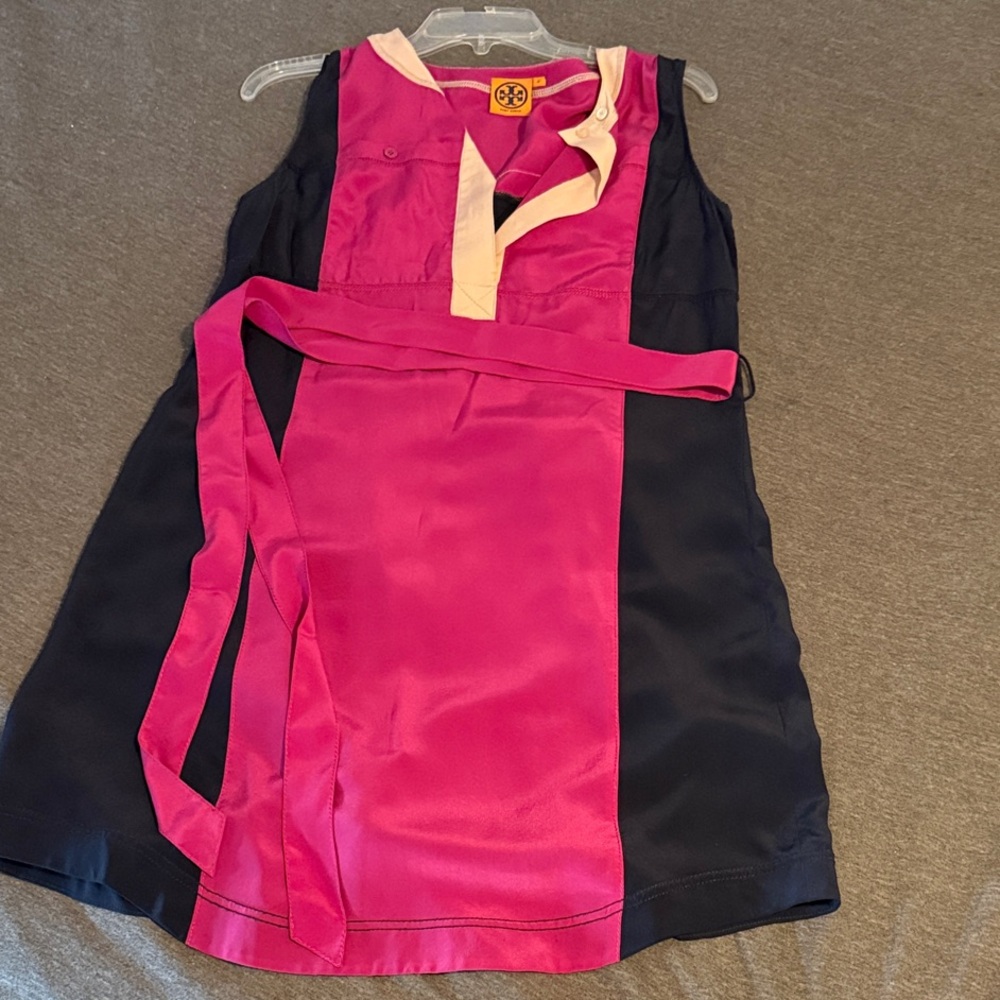 Tory Burch Pink and Navy Sleeveless Dress with Belt